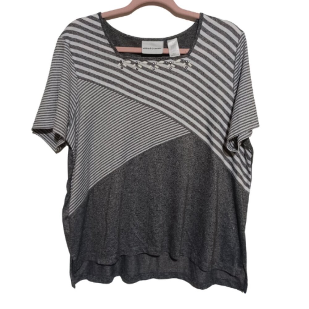 Alfred Dunner Beaded Square Neck Knitted Short Sleeve Pullover Size L